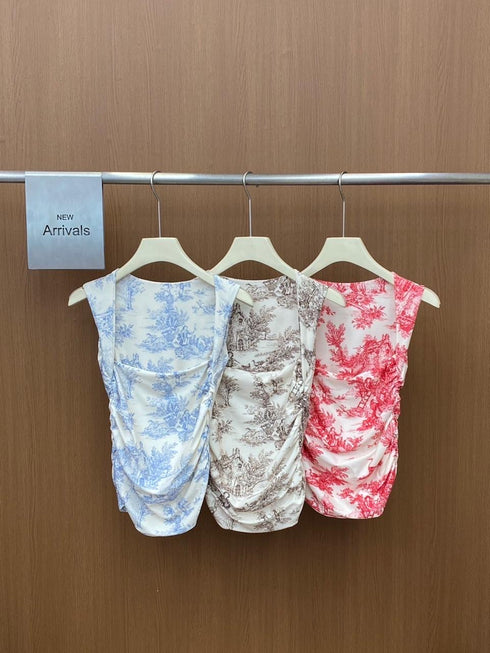 Women Casual Print Queen Anne Neckline Sleeveless Tops